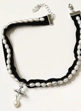 淡水珍珠黑丝绒choker 土星项链女个性时尚复古新品INS网红潮