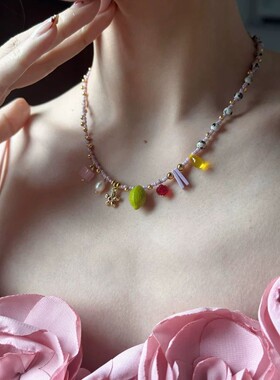 ldquo缤纷果捞rdquo彩色趣味琉璃百搭小众串珠项链