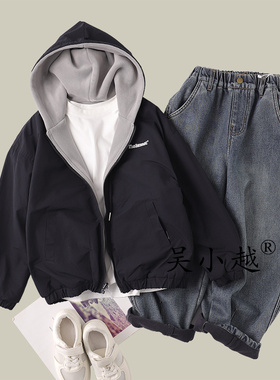 吴小越w1627男童秋冬装加绒两面穿新款洋气儿童冬季加厚外套帅气