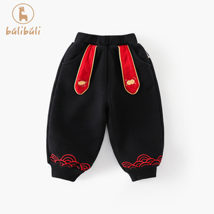儿童加绒裤子冬装宝宝中国风加绒加厚过年长裤冬季外穿婴幼童卫裤