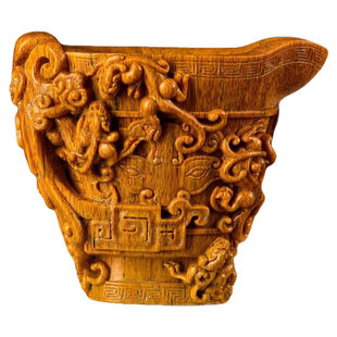 天然披毛犀角杯老物件回流犀角杯子鱼子纹竹丝纹清晰可见收藏送礼