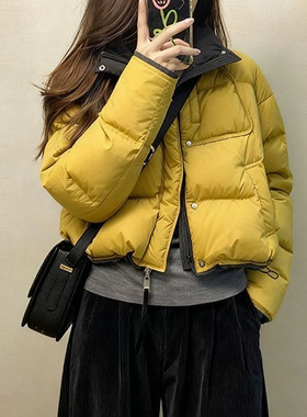 韩系黄色短款棉服女装2026年冬季新款百搭撞色立领面包服保暖外套