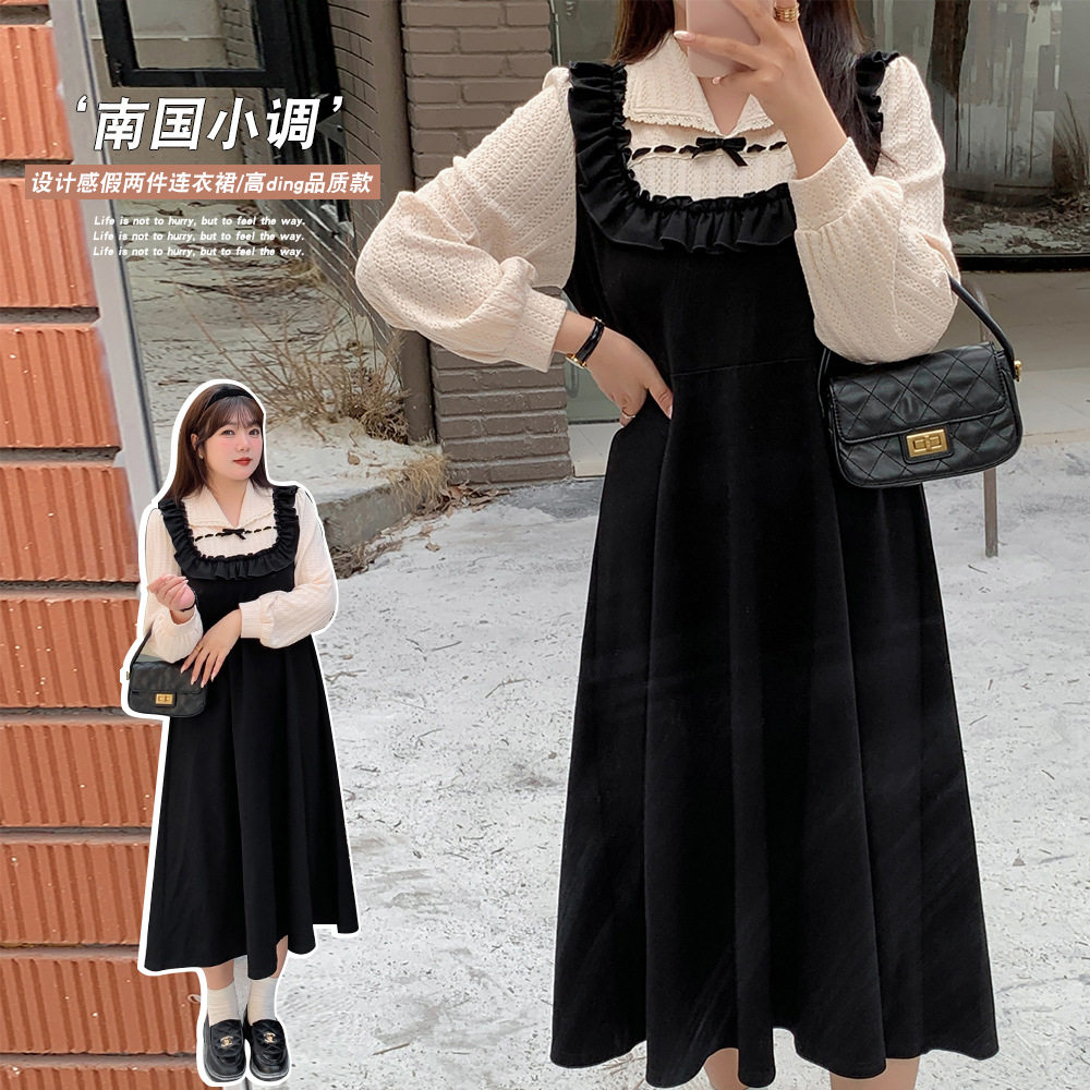 制衣秋冬新品大码女装连衣裙微胖甜美减龄假两件小黑裙子,女装/女士精品,大码连衣裙,淘宝优惠券,粉丝福利购,淘宝优惠卷