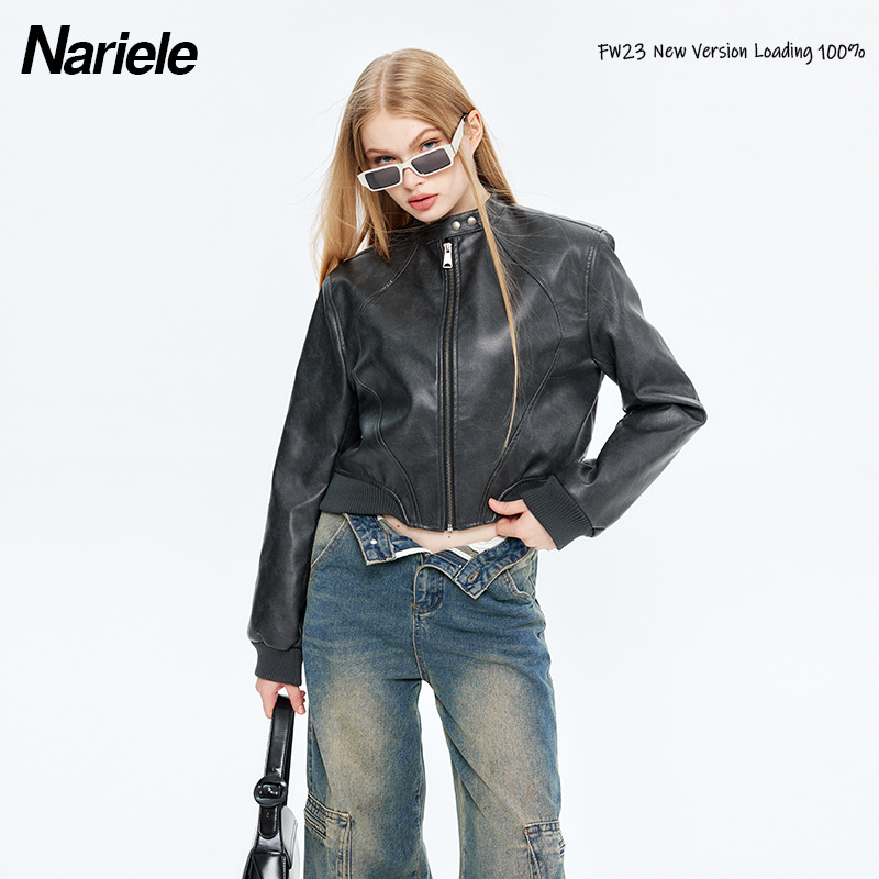 美式时尚立领长袖短款PU皮外套夹克棒球服拉链上衣女休闲运动秋冬