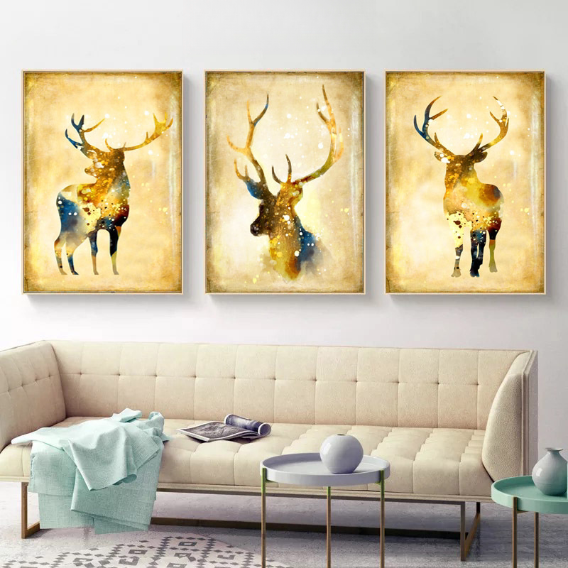 北欧麋鹿客厅装饰画 沙发背景餐厅挂画卧室黄金鹿有框三联壁画