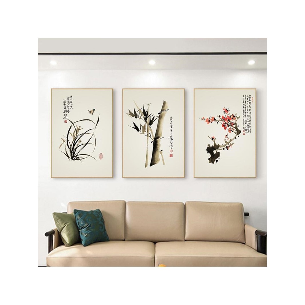 新中式客厅装饰画 沙发背景墙水墨植物四联挂画书房竹子禅意壁画图片