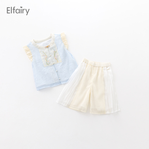 Elfairy女童两件套古装中国风套装宝宝表演服儿童背心裙裤夏轻薄