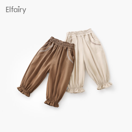 Elfairy女童束脚花边休闲裤春秋