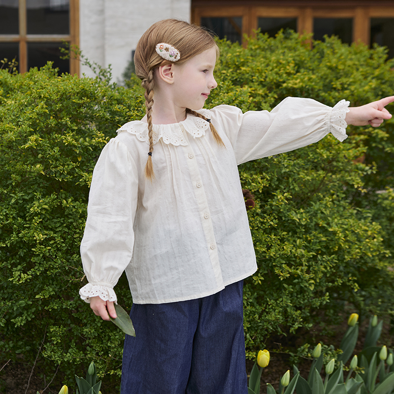 Elfairy女童纯棉花边领衬衣洋气