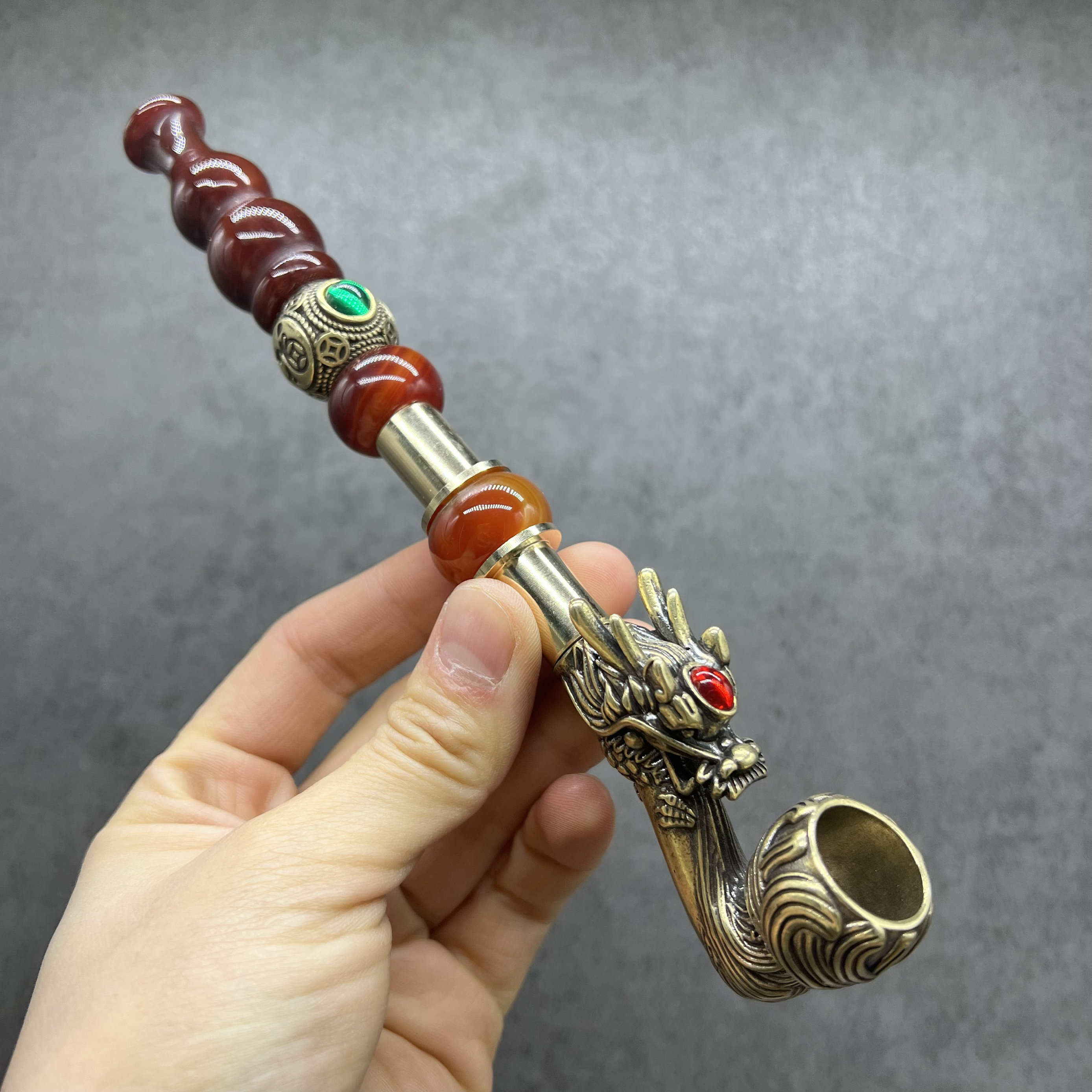鸿运当头红珠铜珠红葫芦嘴一档龙头旱烟袋纯铜玛瑙烟锅烟斗烟嘴