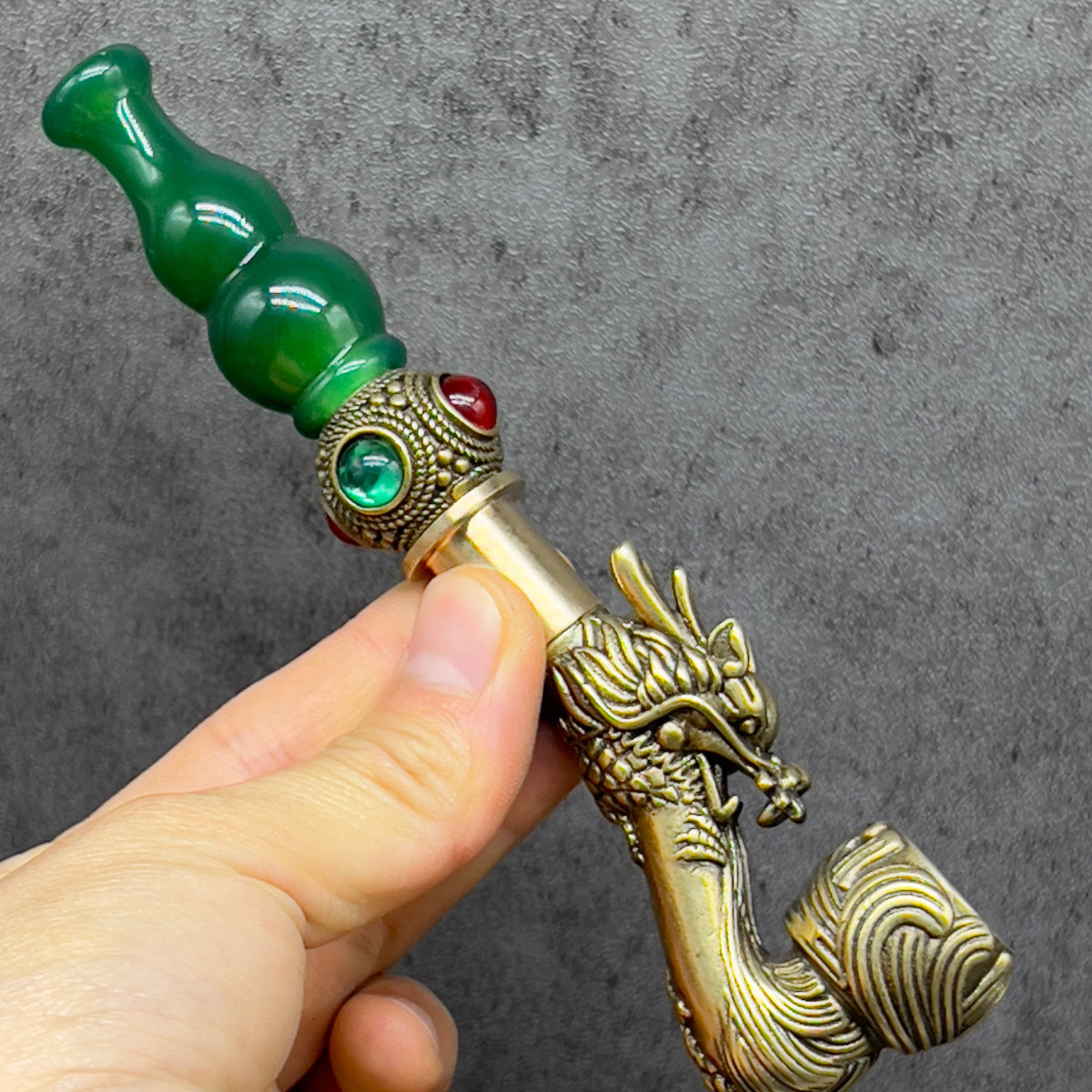 绿玛瑙葫芦烟嘴黄铜红绿四钻弯锅龙头旱烟袋两用烟丝老式