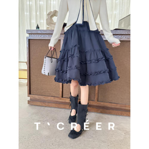T`CREER｜ 夜荷层叠 早秋复古荷叶边松紧高腰中长款半身裙女