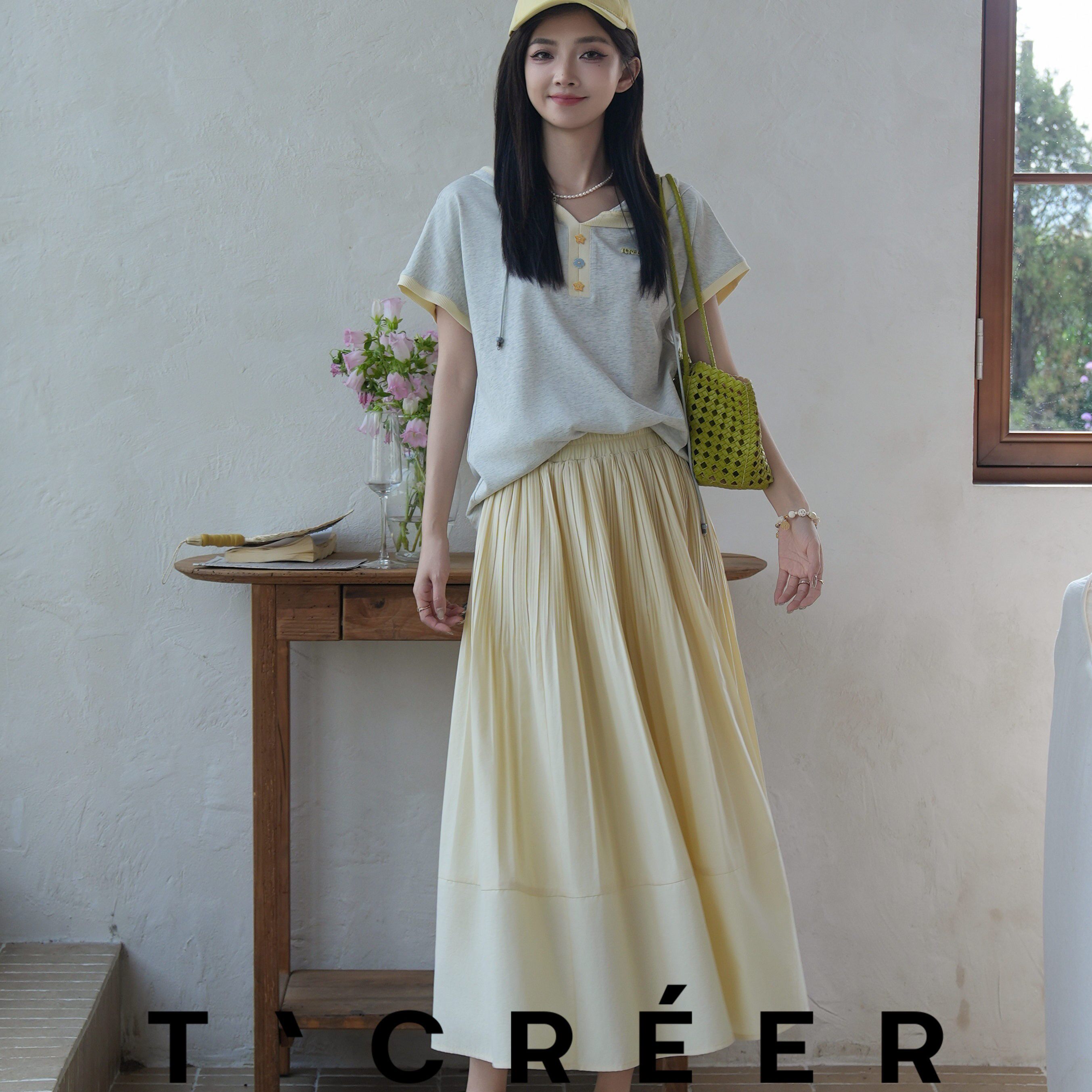 T`CREER|【山月黄昏】奶油杏色褶皱半身裙女显瘦遮胯垂感肌理感