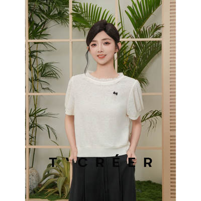 T`CREER｜【栀雪吟夏】夏季新款蕾丝边拼接针织短袖女温柔显瘦