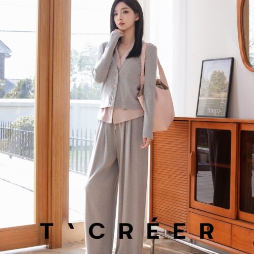 T CREER | 【春日部屿】韩系复古甜美拼接撞色假两件时髦套装裤女