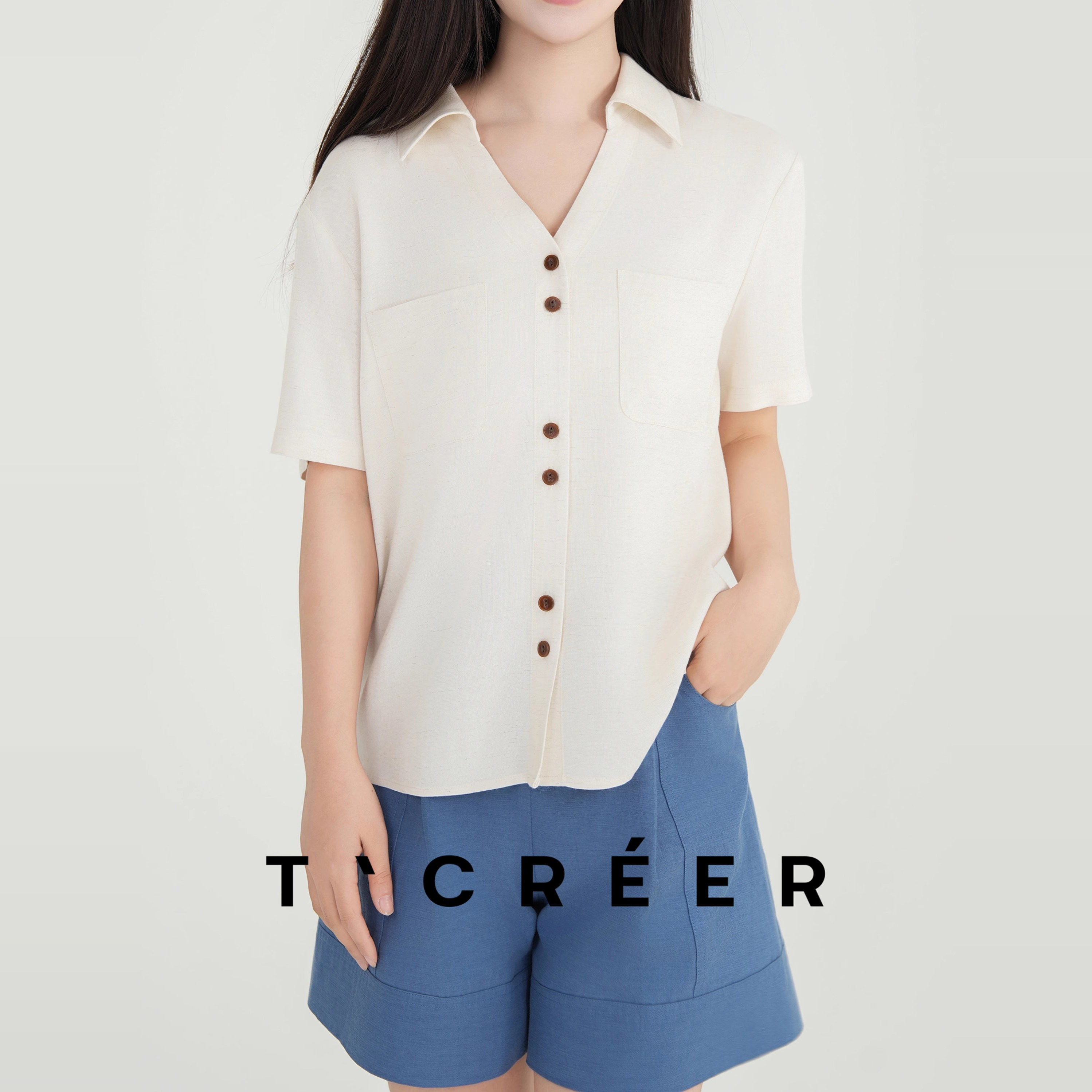 T`CREER｜【白衣卿相】夏日时髦双口袋V领衬 衫上衣女夏,女装/女士精品,上衣,淘宝优惠券,粉丝福利购,淘宝优惠卷