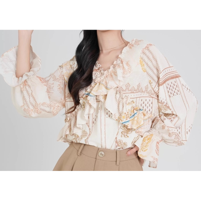 T`CREER｜【日星隐曜】夏日轻法温柔印花荷叶边泡泡袖上衣女