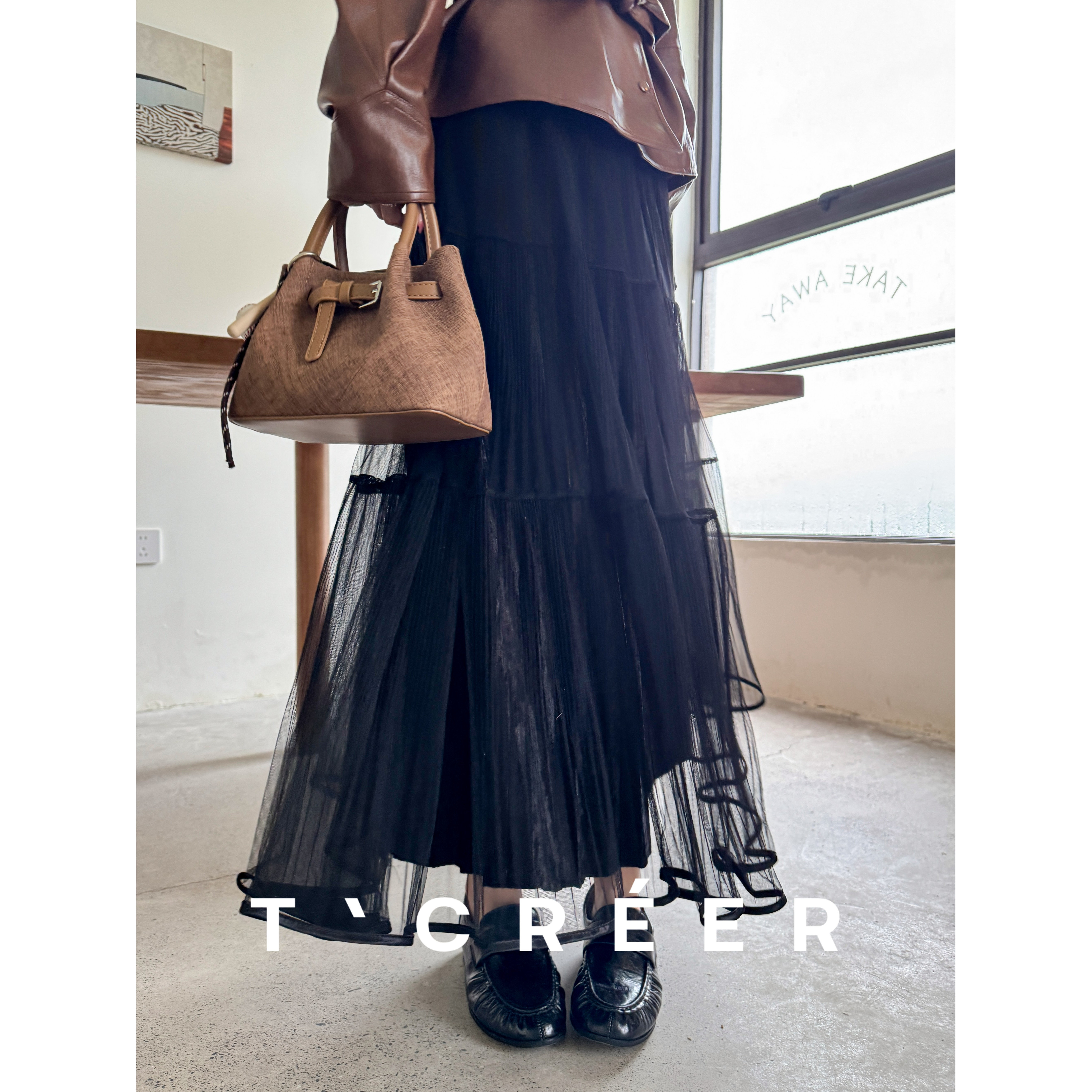 T`CREER｜ 轻纱层雾 早秋米白网纱褶皱多层高腰仙女半身裙女
