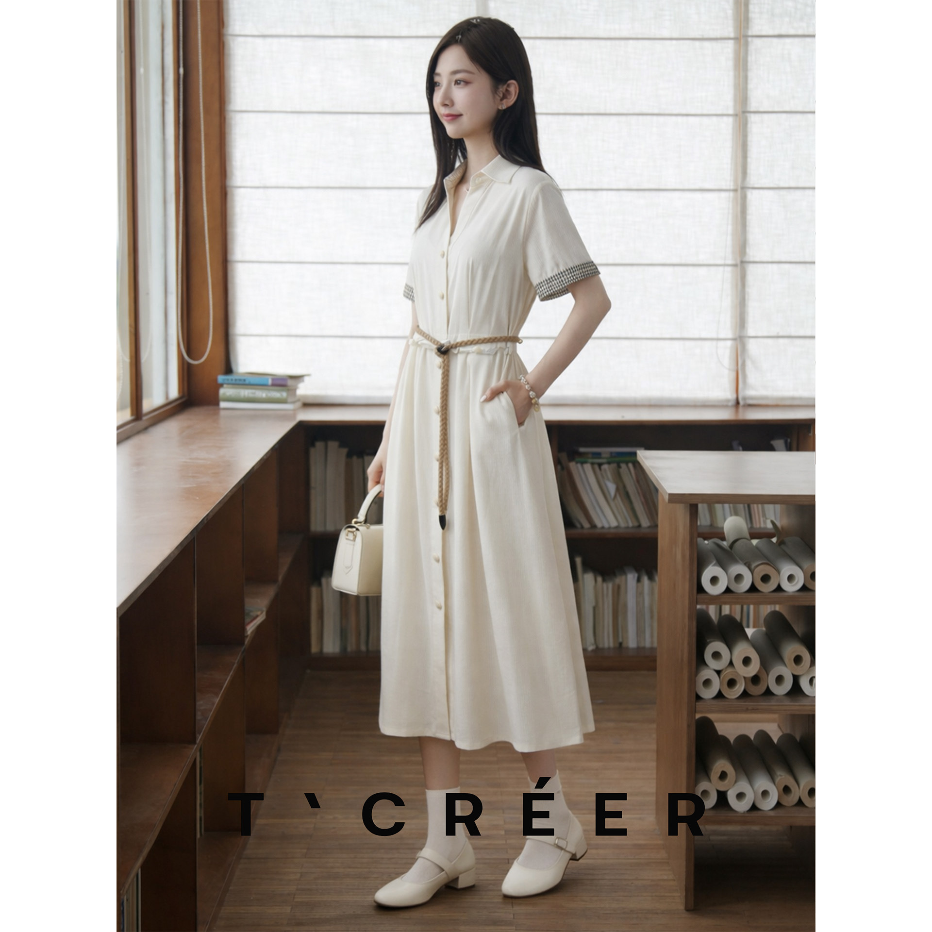 T`CREER|夏日片场 法式衬衫肌理感收腰显瘦连衣裙女通勤气质