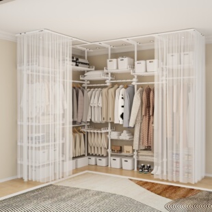 顶天立地式简易衣柜金属钢架结构组装租房宿舍卧室置衣架收纳衣橱