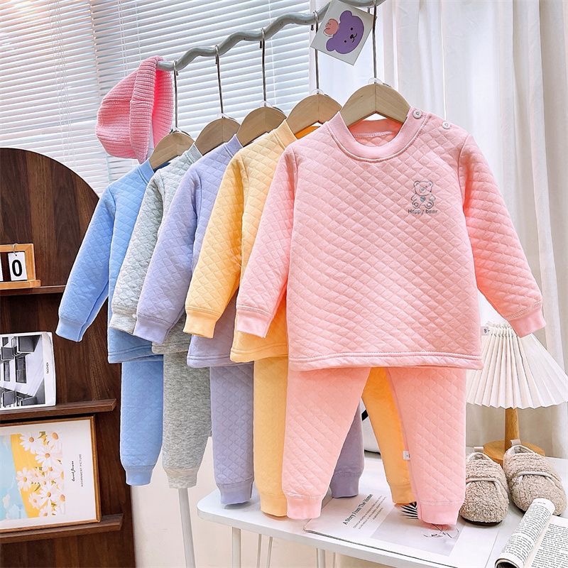 全棉儿童保暖内衣套装男童纯棉加厚上衣女童三层夹棉睡衣冬款加绒