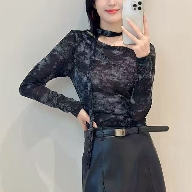 2025韩版秋季新款设计感印花飘带轻薄打底衫蕾丝小衫