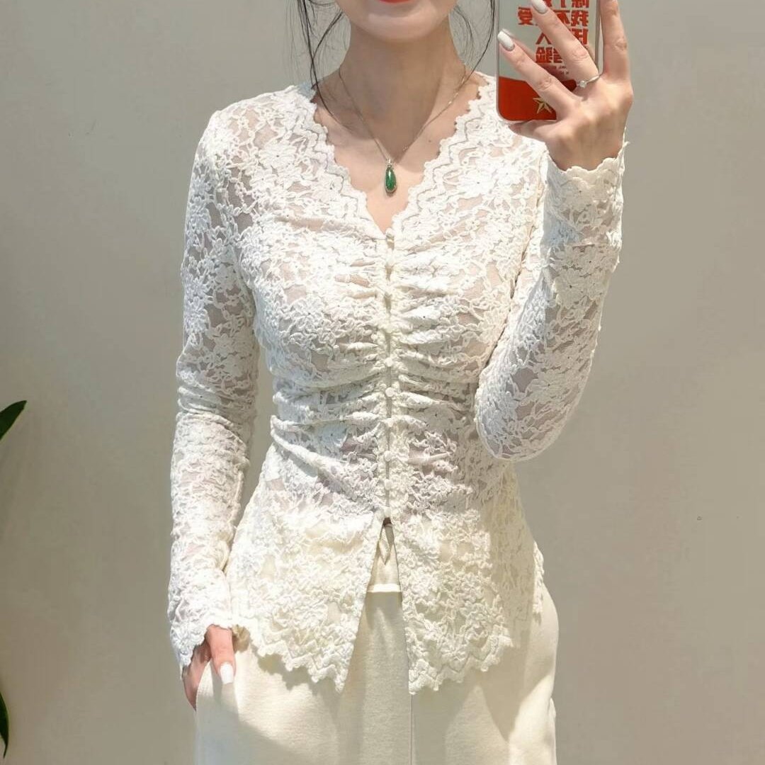 艾诺 玉 丝 妍2025秋冬装新时尚百搭V领蕾丝打底衫女网纱韩版上衣