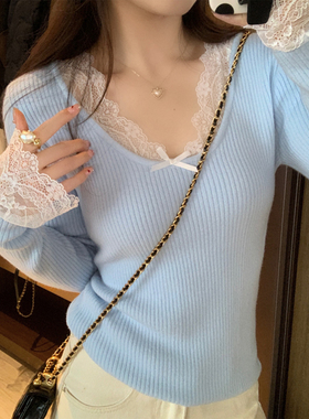蓝色蕾丝打底衫女内搭加绒加厚秋冬新款V领毛衣气质保暖针织上衣