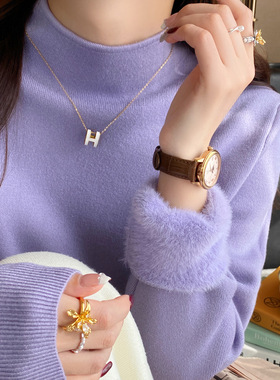 紫色加绒加厚毛衣女内搭2025秋冬新款半高领针织衫高级感保暖上衣
