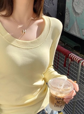 黄色圆领薄款正肩长袖t恤女内搭2025春秋新款低领打底衫修身上衣