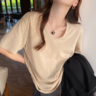 白色半袖 v领t恤女短袖 2025新款 薄款 纯色冰丝棉麻低领打底上衣 夏季