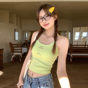 姣哥joygirl绿色吊带带胸垫背心女内搭外穿2026春夏新款 上衣 短款
