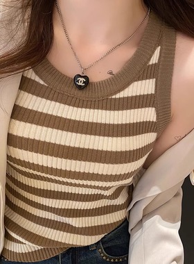 撞色条纹针织小背心女修身2025夏新款高级感内搭吊带打底外穿上衣