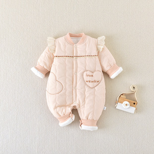 婴儿连体衣夹棉女宝宝棉服保暖冬装外出服可爱哈衣蝴蝶衣爬服200g