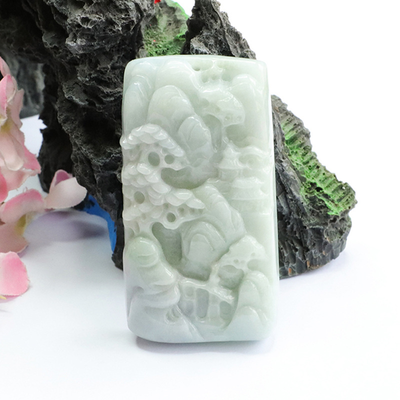 鑫澜高档珠宝天然缅甸A货翡翠吊坠厚装山水牌挂件玉石