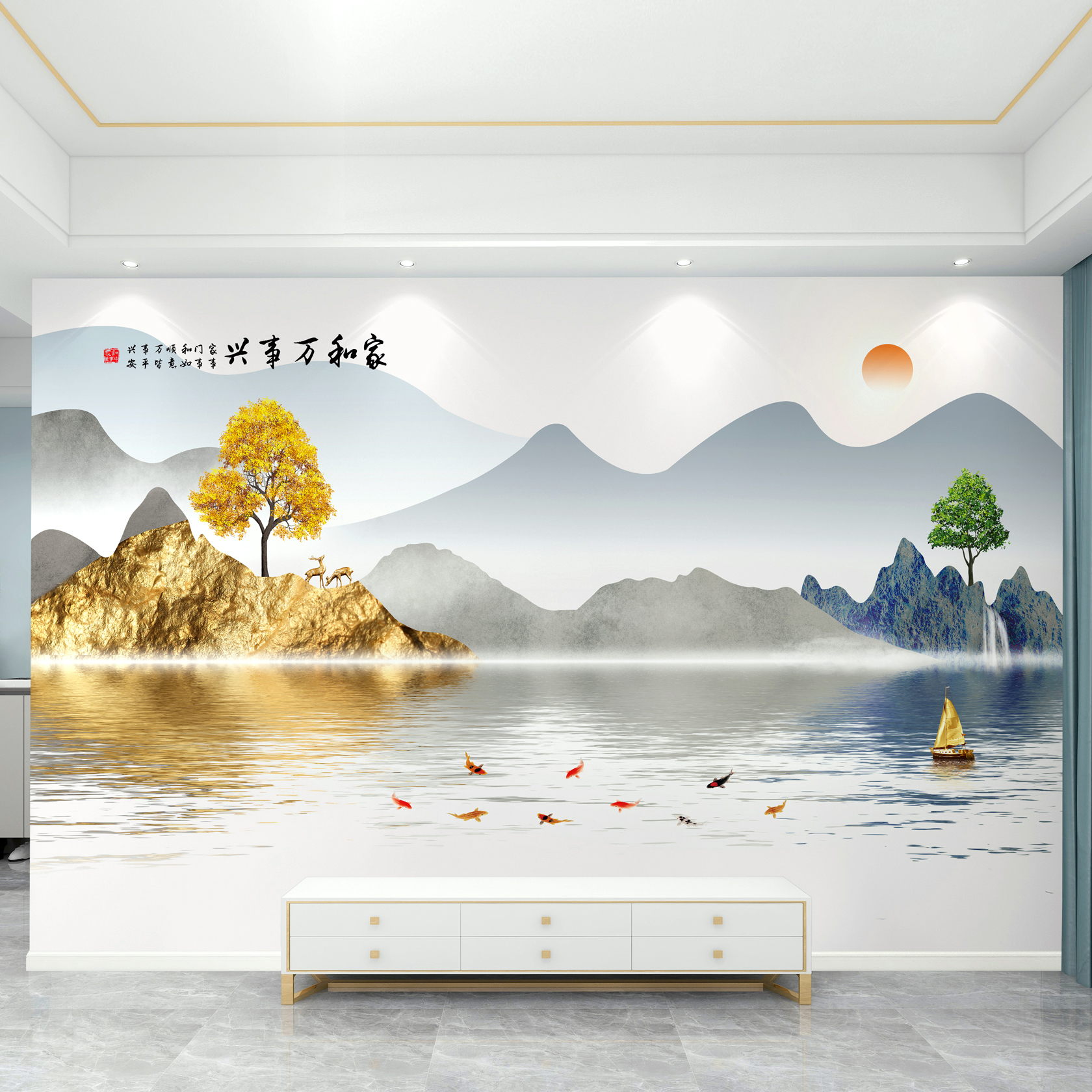 新中式山水背景墙布【可上门贴】