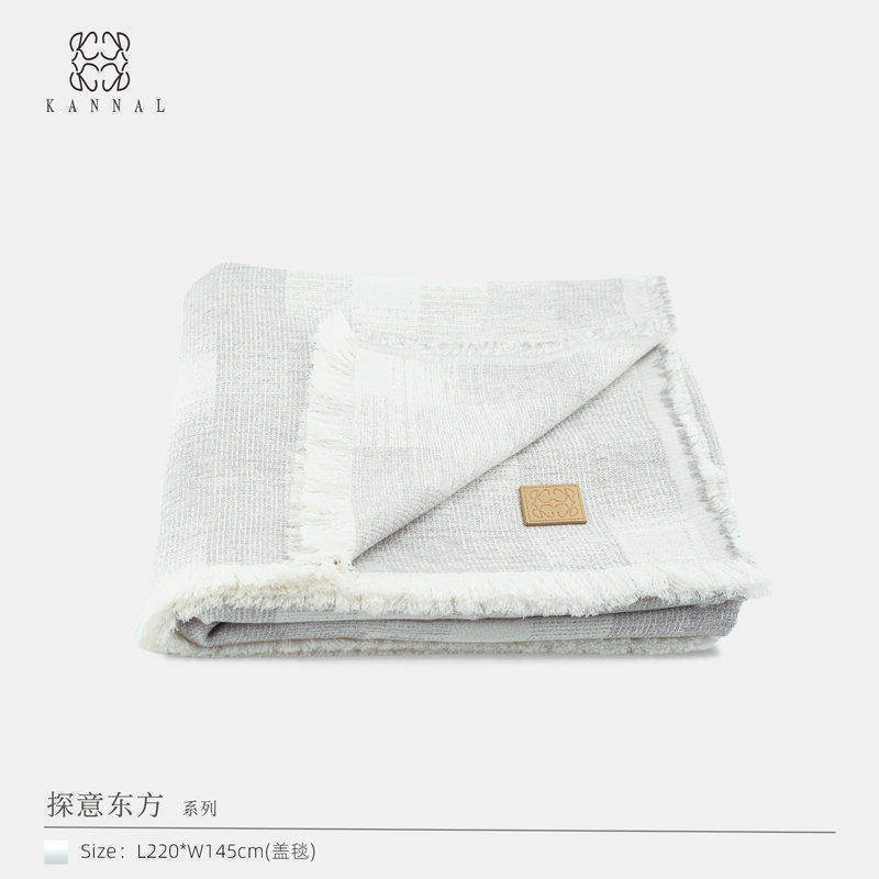 手工羊毛亚麻流苏毯『探意东方』新中式白灰色几何艺术棉麻沙发毯