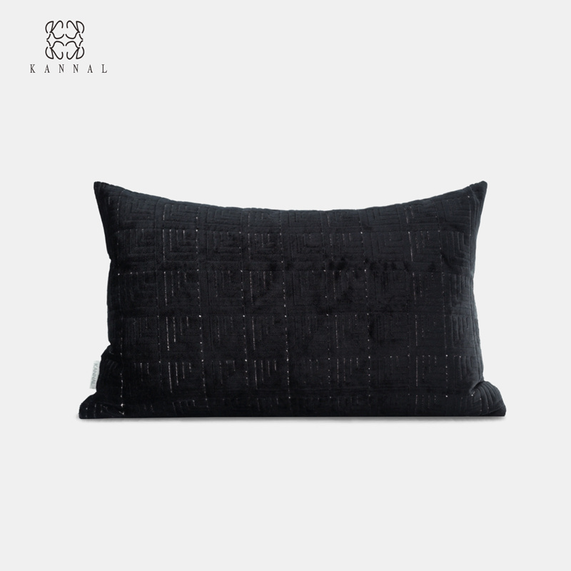 中古风『1950s』高级奢华MCM复古黑色割绒几何提花抱枕别墅腰枕