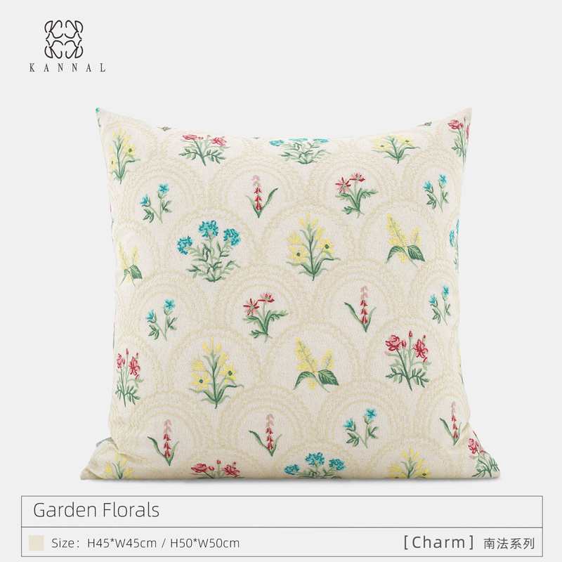 Garden Florals『Charm』高级法式花朵棉麻刺绣四季靠垫别墅抱枕