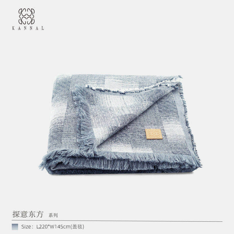 手工羊毛亚麻流苏毯『探意东方』新中式灰蓝色几何艺术棉麻沙发毯