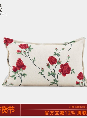 沙漠玫瑰『Charm』高级法式红色玫瑰本色棉麻刺绣四季靠垫腰枕