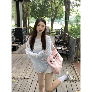 T恤女夏薄款 黑奶酪BLACK 经典 条纹长袖 休闲宽松圆领上衣 防晒衫