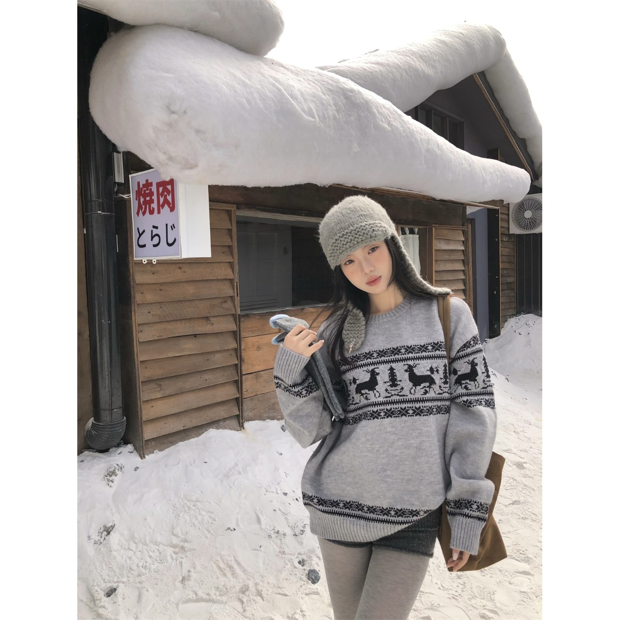 黑奶酪 BLACK~秋冬费尔岛复古提花毛衣麋鹿图案针织衫毛衣