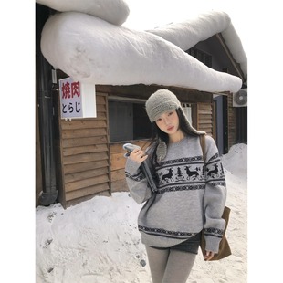 毛衣 秋冬费尔岛复古提花毛衣麋鹿图案针织衫 黑奶酪 BLACK