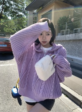 黑奶酪 BLACK~冬季慵懒学院紫色连帽毛衣拉链外套