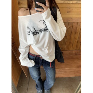 黑奶酪 韩系百搭薄款 长袖 斜肩字母印花防晒T恤上衣 BLACK