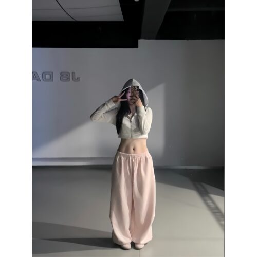 卫裤粉色爵士裤宽松抽绳运动裤