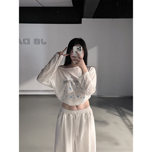 印花斜肩长袖 黑奶酪 美式 辣妹爵士罩衫 上衣 T恤露肩防晒薄款