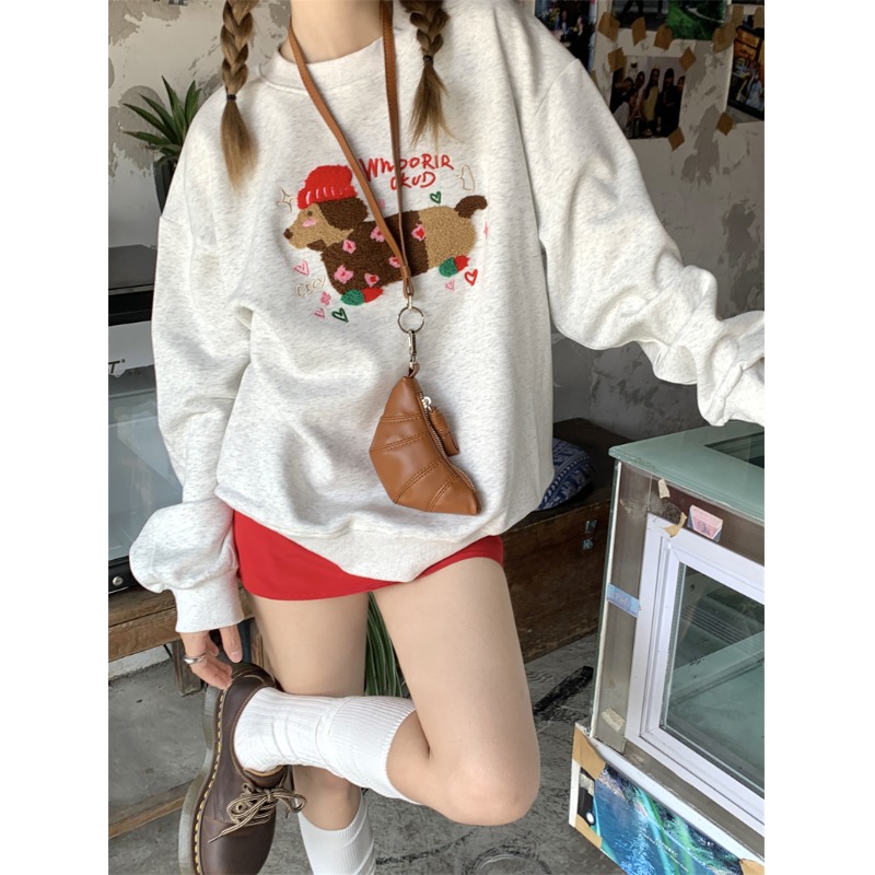 腊肠狗毛巾绣宽松加绒长袖卫衣