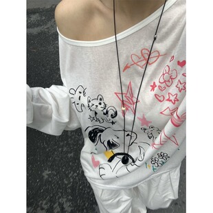 长袖 黑奶酪 BLACK 韩系百搭薄款 斜肩动物印花T恤上衣 防晒罩衫